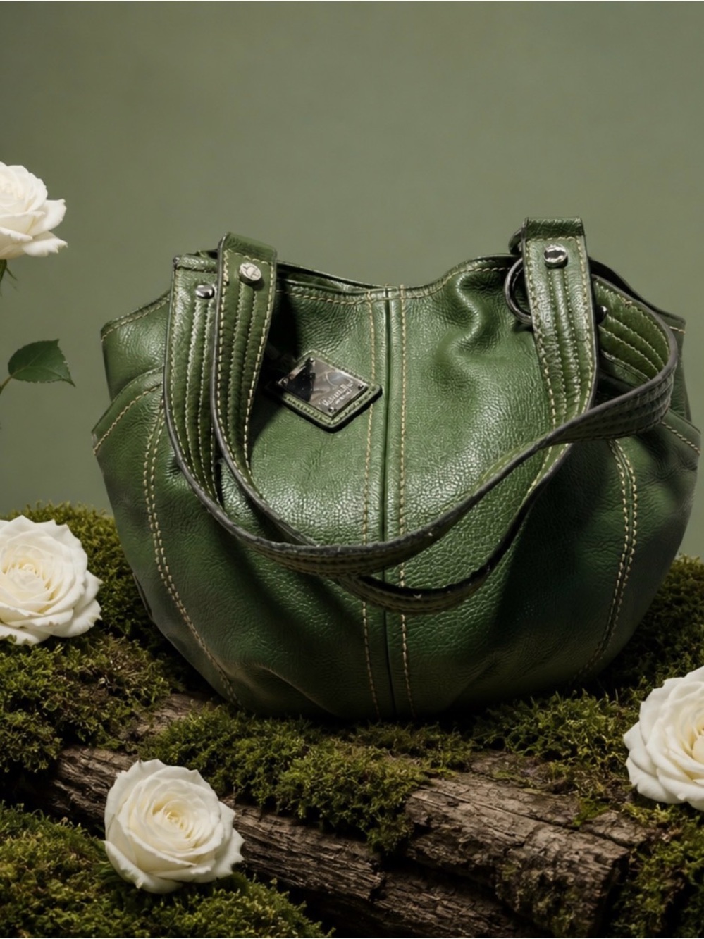 Tignanello Olive Green Leather Hobo Shoulder Bag